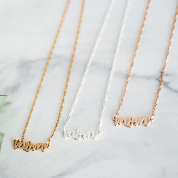 "Mom" stainless steel necklace in gold, silver, and rose gold colors